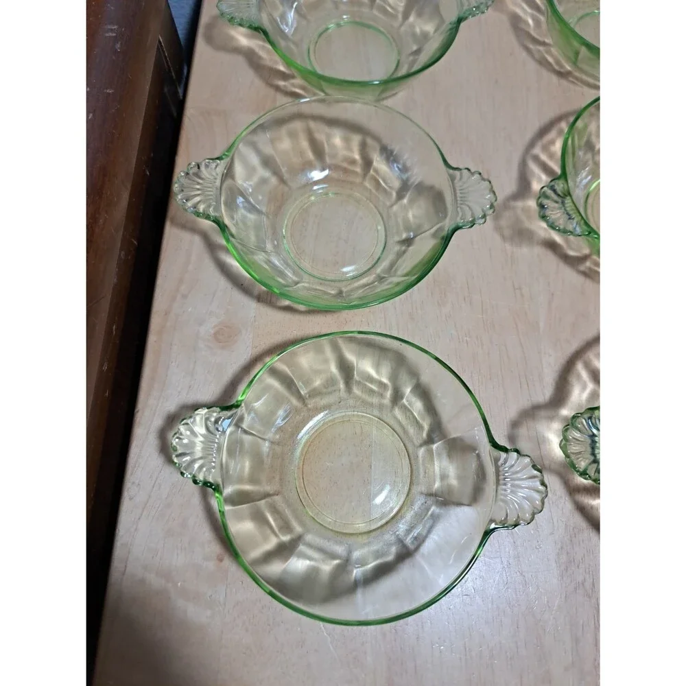 6 Vintage Uranium Glass Berry Dessert Bowls with Handles
